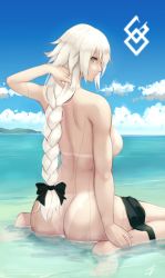 Rule 34 | 1girl, ass, back tattoo, backboob, bare back, bikini tan, blush, bow, braid, breasts, cloud, command spell, commentary request, day, fate/grand order, fate (series), from behind, hair bow, hand in own hair, hayabusa (vert 320), highres, jeanne d&#039;arc (fate), jeanne d&#039;arc alter (avenger) (fate), jeanne d&#039;arc alter (fate), large breasts, long hair, looking at viewer, looking back, nude, ocean, outdoors, partially submerged, silver hair, single braid, sitting, solo, tan, tanline, tattoo, very long hair, wariza, water, wet, yellow eyes