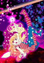 Rule 34 | 1girl, american flag dress, american flag legwear, american flag shirt, arm up, aura, black background, blonde hair, breasts, clownpiece, fairy wings, hand up, hat, heterochromia, jester cap, leg up, light particles, long hair, looking at viewer, nr (cmnrr), nr (ys onrr), open mouth, outstretched arm, outstretched hand, pantyhose, pink eyes, short sleeves, small breasts, smile, solo, space, star (symbol), symbol in eye, toes, touhou, very long hair, wings