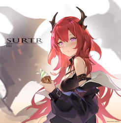 Rule 34 | 1girl, :o, arknights, armband, bare shoulders, black jacket, blush, breasts, character name, chinese commentary, commentary request, food, hair between eyes, highres, holding, holding food, horns, ice cream, jacket, kuhnowushi, long hair, long sleeves, looking at viewer, medium breasts, off shoulder, parted lips, partial commentary, purple eyes, red hair, solo, surtr (arknights), upper body