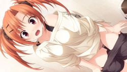 Rule 34 | 1girl, bathroom, blush, clothes pull, dutch angle, fang, game cg, hair ornament, hairclip, hashimoto takashi, highres, imouto no katachi, long hair, looking at viewer, off shoulder, open mouth, orange hair, panties, pulling own clothes, red eyes, shorts, shorts pull, solo, striped clothes, striped panties, sumeragi ayaka, toilet, twintails, underwear, undressing