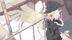 Rule 34 | 1girl, aircraft, airship, bandages, bandage on face, bandages, coat, dock, expressionless, from above, fur trim, gas mask, grey eyes, hands in pockets, hat, hood, hood down, looking at viewer, mask, mask around neck, original, peaked cap, railing, shiromiso, short hair, solo, white hair