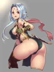 Rule 34 | 1girl, arm tattoo, ass, blue hair, cropped legs, dagger, elf, grey background, houtengeki, jewelry, jpeg artifacts, knife, looking back, lots of jewelry, pointy ears, red eyes, solo, tattoo, thighhighs, weapon