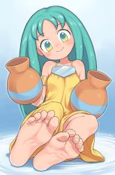 Rule 34 | 1girl, absurdres, aqua eyes, aqua hair, armlet, barefoot, blue background, dress, feet, female focus, foot focus, foreshortening, gradient background, gradient eyes, head tilt, highres, holding, holding pot, long hair, looking at viewer, magical drop, multicolored eyes, oyatsu (mk2), pot, sitting, smile, soles, solo, star (magical drop), tareme, toes, twitter username, yellow dress