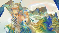 Rule 34 | 1girl, \n/, arknights, bare shoulders, blonde hair, blue eyes, blue hair, branch, closed mouth, cowboy shot, dragon girl, dragon horns, earrings, floating, floating hair, grey hair, hair between eyes, hair intakes, hair ornament, hair stick, hand up, horns, jacket, jewelry, long hair, long sleeves, looking at viewer, multicolored hair, necklace, off shoulder, open clothes, open jacket, pants, pointy ears, red pupils, shirt, shu (arknights), sidelocks, smile, solo, strapless, strapless shirt, streaked hair, tassel, tassel earrings, very long hair, white jacket, white pants, white shirt, xuegao tu ke