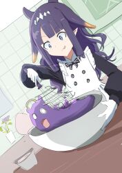 Rule 34 | 1girl, angelchama, apron, baking, black dress, blue eyes, blush, bowl, dress, gloves, highres, holding, holding bowl, holding whisk, hololive, hololive english, long hair, looking at viewer, ninomae ina&#039;nis, ninomae ina&#039;nis (6th costume), ninomae ina&#039;nis (pastry chef), official alternate costume, pointy ears, purple hair, smile, takodachi (ninomae ina&#039;nis), tentacles, tongue, tongue out, virtual youtuber, whisk, whisking, white apron, white gloves