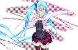Rule 34 | 1girl, alternate costume, aqua hair, closed eyes, coat, female focus, floating hair, food, glasses, hatsune miku, highres, hood, hoodie, jacket, laughing, long hair, open mouth, pocky, project diva, project diva (series), project diva 2nd, skirt, solo, standing, striped clothes, striped thighhighs, sweets, takebi, thighhighs, twintails, vocaloid, wallpaper