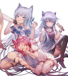 Rule 34 | 1other, 3girls, :d, absurdres, alternate costume, animal ear fluff, animal ears, arknights, arms up, bangs pinned back, bare shoulders, black gloves, black thighhighs, blue eyes, bow, breasts, cat ears, cat tail, chinese commentary, closed eyes, comb, cone hair bun, crossover, diona (genshin impact), dress, fingerless gloves, forehead, genshin impact, gloves, hair bow, hair bun, hat, head rest, highres, holding another&#039;s arm, holding another&#039;s hair, huge filesize, jinjide shaonian, keqing (genshin impact), knee up, kneeling, lap pillow, long hair, looking at viewer, multiple girls, no shoes, off-shoulder dress, off shoulder, open mouth, pink hair, purple dress, purple eyes, purple hair, rosmontis (arknights), short eyebrows, shorts, silver hair, simple background, sitting, smile, tail, thighhighs, thighs, twintails, very long hair, white background, white dress, white legwear, yokozuwari