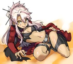 Rule 34 | 1girl, :p, aono shimo, bad id, bad pixiv id, breasts, chloe von einzbern, dark-skinned female, dark skin, fate/kaleid liner prisma illya, fate (series), long hair, looking at viewer, midriff, pink hair, small breasts, smile, solo, tongue, tongue out, yellow eyes