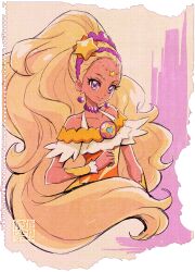 Rule 34 | 1girl, amamiya elena, artist logo, bare shoulders, blonde hair, commentary, commentary request, cure soleil, dark-skinned female, dark skin, dress, earrings, english commentary, eyelashes, hair ornament, happy, jewelry, kamikita futago, looking at viewer, magical girl, official art, orange dress, paper background, partial commentary, precure, purple eyes, signature, simple background, smile, solo, star twinkle precure, watercolor background, wrist cuffs