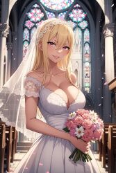Rule 34 | ai-generated, animegirl, breasts, bride, cleavage, dress, fairy tail, highres, large breasts, selene (fairy tail), wedding dress