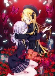 Rule 34 | 2girls, abigail williams (fate), animal, barefoot, black bow, black dress, black eyes, black hat, blonde hair, blue eyes, bow, bug, butterfly, closed mouth, commentary request, crying, crying with eyes open, dress, fate/grand order, fate (series), field, flower, flower field, hair bow, hands in opposite sleeves, hat, holding, holding own hair, hug, insect, keyhole, lavinia whateley (fate), long hair, long sleeves, looking at viewer, multiple girls, orange bow, oriharaizaya819, parted bangs, polka dot, polka dot bow, red flower, sitting, smile, stuffed animal, stuffed toy, tears, teddy bear, very long hair, wide-eyed, yokozuwari