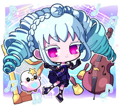 Rule 34 | 1girl, amou june, bell, bird, black gloves, blue dress, blue footwear, blue hair, braid, cello, chibi, closed mouth, crown braid, dress, drill hair, elbow gloves, full body, gloves, hands up, harp, highres, ice skates, instrument, kohinata kanoo, long hair, looking at viewer, musical note, pink eyes, pretty rhythm, pretty rhythm rainbow live, pretty series, skates, smile, solo, staff (music), standing, twin drills, very long hair