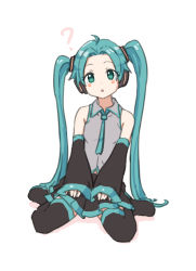 Rule 34 | 1girl, ?, aged down, ahoge, alternate hairstyle, aqua eyes, aqua hair, aqua necktie, bad id, bad twitter id, bare shoulders, black skirt, black sleeves, black thighhighs, blush stickers, commentary, detached sleeves, forehead, full body, grey shirt, hair intakes, hair ornament, hatsune miku, headphones, highres, long hair, looking at viewer, miniskirt, necktie, pleated skirt, shirt, simple background, sitting, skirt, sleeveless, sleeveless shirt, sleeves past wrists, solo, thighhighs, triangle mouth, twintails, very long hair, vocaloid, wariza, white background, yakkl