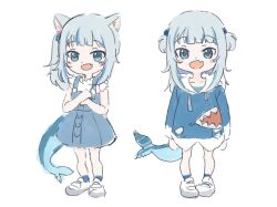 Rule 34 | 1girl, :d, aged down, animal costume, animal ears, arms at sides, awoi (awoiro7), blue dress, blue eyes, blue hair, blue hoodie, blunt bangs, cat ears, commentary request, dress, fang, fins, fish tail, full body, gawr gura, gawr gura (1st costume), gawr gura (casual), grey hair, highres, hololive, hololive english, hood, hoodie, long hair, long sleeves, looking at viewer, multicolored hair, multiple views, open mouth, pinafore dress, sandals, shark costume, shark girl, shark tail, shirt, short sleeves, sidelocks, simple background, skin fang, sleeveless, sleeveless dress, smile, standing, streaked hair, tail, two side up, virtual youtuber, white background, white footwear, white shirt