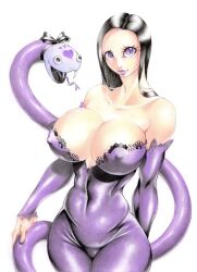 Rule 34 | 1girl, bare shoulders, black bow, black hair, bow, collarbone, covered navel, cowboy shot, detached sleeves, dress, gell (hunter x hunter), hunter x hunter, lace, lace-trimmed dress, lace trim, long hair, purple dress, purple eyes, purple lips, purple sleeves, simple background, skin tight, sleeveless, sleeveless dress, slit pupils, smile, snake, solo, taut clothes, taut dress, traditional media, white background, yasuaki