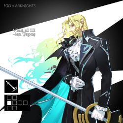 Rule 34 | 1boy, arknights, ascot, bang (gesture), blonde hair, blue eyes, blue hair, coat, elle shengxuan shi, fate/grand order, fate (series), finger gun, gloves, highres, holding, holding weapon, looking at viewer, male focus, multicolored hair, pointy ears, polearm, spear, two-tone hair, upper body, vampire, vlad iii (fate/apocrypha), weapon