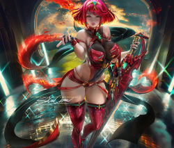 Rule 34 | 1girl, artist name, breasts, cleavage, covered navel, female focus, fingerless gloves, fire, fire, gem, gloves, hair ornament, headpiece, holding, holding sword, holding weapon, jewelry, looking at viewer, matching hair/eyes, nintendo, patreon username, pyra (xenoblade), red eyes, red hair, red thighhighs, sakimichan, short hair, short shorts, shorts, signature, skindentation, smile, solo, standing, swept bangs, sword, thighhighs, tiara, watermark, weapon, web address, xenoblade chronicles (series), xenoblade chronicles 2