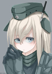 Rule 34 | 1girl, fingers together, garrison cap, gloves, grey background, grey eyes, hat, highres, kantai collection, multicolored clothes, multicolored gloves, platinum blonde hair, portrait, solo, takasugi heppu, twitter username, u-511 (kancolle)