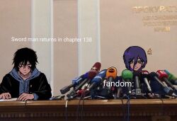Rule 34 | 1boy, 1girl, 31ulkubo, black hair, black jacket, blue hoodie, chainsaw man, commentary, crying, crying with eyes open, english text, green eyes, hair between eyes, highres, hood, hoodie, jacket, microphone, paper, photo background, purple hair, reze (chainsaw man), smile, sugo miri, tears
