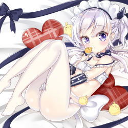 Rule 34 | 1girl, animal, arlene (ju), azur lane, bare shoulders, bed sheet, belfast (azur lane), bird, blue bow, blue ribbon, blush, bow, braid, breasts, chick, closed mouth, collarbone, commentary request, elbow gloves, gloves, hair between eyes, hair ribbon, hand on own thigh, hand on thigh, head tilt, heart, heart-shaped pillow, little bel (azur lane), long hair, looking at viewer, lying, maid headdress, navel, no pants, no shoes, on back, one side up, panties, panties under pantyhose, pantyhose, pillow, purple eyes, ribbon, silver hair, small breasts, solo, strap slip, striped, striped bow, underwear, white gloves, white panties, white pantyhose