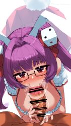 Rule 34 | 1boy, 1girl, absurdres, animal ears, bar censor, blush, bow, breasts, censored, detached sleeves, di gi charat, dice hair ornament, dress, fellatio, frilled dress, frills, glasses, hair bow, hair intakes, hair ornament, haman mahaman, highres, large breasts, long hair, oral, penis, purple hair, rabbit ears, red bow, red dress, red eyes, simple background, sweat, twintails, usada hikaru, white background