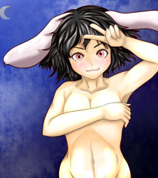 Rule 34 | 1girl, :3, bad id, bad pixiv id, black hair, blush, breast hold, breasts, corydoras, covering privates, covering breasts, crescent moon, female focus, inaba tewi, moon, navel, nude, aged up, red eyes, short hair, solo, touhou, v, v over eye