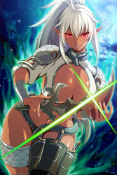 Rule 34 | 1girl, ahoge, armor, breasts, cleavage, dagger, dark-skinned female, dark elf, dark skin, echidna (queen&#039;s blade), echidna (queen&#039;s blade unlimited), elf, glint, greaves, holding, holding sword, holding weapon, holster, huge breasts, knife, looking at viewer, nail polish, navel, no panties, official art, pointy ears, ponytail, queen&#039;s blade, queen&#039;s blade unlimited, queen&#039;s blade white triangle, red eyes, revealing clothes, silver hair, silver nails, simple background, smile, snake, solo, sword, thigh holster, vambraces, weapon
