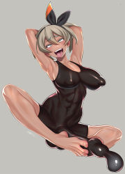 Rule 34 | 1girl, ahegao, aqua eyes, armpits, arms behind head, arms up, autofootjob, bare shoulders, bea (pokemon), black footwear, black hairband, black leotard, blush, bow, breasts, cleavage, collarbone, commentary request, covered abs, covered erect nipples, covered navel, creatures (company), dark-skinned female, dark skin, ejaculation under clothes, erection, feet, footjob, full body, furrowed brow, futanari, futanari masturbation, game freak, grey background, grey hair, hair bow, hairband, highres, huge penis, impossible clothes, large breasts, leotard, masturbation, minazuki juuzou, nintendo, penis, pokemon, pokemon swsh, puffy nipples, rolling eyes, saliva, saliva trail, short hair, signature, simple background, solo, teeth, testicles, thighs, toes, toned, tongue, tongue out, upper teeth only