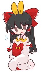 Rule 34 | 1girl, alternate costume, animal ears, black hair, bow, bowtie, breasts, brown eyes, covered navel, detached collar, detached sleeves, hair bow, hair tubes, hakurei reimu, highres, leotard, long hair, op na yarou, playboy bunny, rabbit ears, rabbit tail, red bow, red leotard, ribbon-trimmed sleeves, ribbon trim, shame, sidelocks, sleeves past wrists, small breasts, sweatdrop, tail, touhou, twintails, v-shaped eyebrows, yellow bow, yellow bowtie