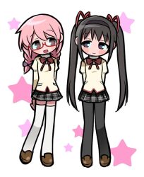 2girls akemi_homura alternate_hairstyle black_hair black_pantyhose black_skirt bow bowtie brown_footwear collared_shirt full_body glasses hairstyle_switch jjjjtaaaku juliet_sleeves kaname_madoka loafers long_hair long_sleeves low_twintails mahou_shoujo_madoka_magica mahou_shoujo_madoka_magica_(anime) mitakihara_school_uniform multiple_girls open_mouth pantyhose pink_eyes pink_hair plaid_clothes plaid_skirt pleated_skirt puffy_sleeves purple_eyes red-framed_eyewear red_bow red_bowtie school_uniform shirt shoes skirt smile thighhighs twintails very_long_hair white_shirt white_thighhighs yellow_shirt