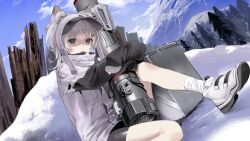 Rule 34 | 1girl, animal ears, bandaged leg, bandages, black shorts, blue sky, cat ears, cloud, dohyo123123, double bun, goddess of victory: nikke, grey hair, gun, hair bun, holding, holding gun, holding weapon, hood, hoodie, mountain, n102 (nikke), no pupils, open mouth, rocket launcher, scared, shoes, short hair, shorts, sky, snow, solo, thighs, tree, twintails, weapon, white hair, white hoodie