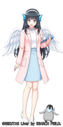 Rule 34 | 1girl, :d, animal, baby penguin, bird, black hair, blue eyes, blue skirt, blush, book, butterfly hair ornament, commentary request, copyright request, feathered wings, full body, hair ornament, hairband, high heels, highres, holding, holding book, jacket, long hair, long sleeves, looking at viewer, mole, mole under eye, nakamura sumikage, open clothes, open jacket, open mouth, penguin, pink jacket, shirt, shoes, simple background, skirt, smile, solo, standing, very long hair, virtual youtuber, white background, white footwear, white hairband, white shirt, white wings, wings