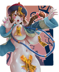 Rule 34 | 1girl, areola slip, blush stickers, braid, braided ponytail, breasts, brown hair, colored skin, covered erect nipples, empty eyes, ge xi, hair ornament, halloween, halloween costume, hat, highres, jiang, jiangshi, jiangshi costume, large breasts, long braid, long hair, long sleeves, nail polish, navel, ofuda, open mouth, original, purple nails, qingdai guanmao, solo, tongue, tongue out, wide sleeves, zombie