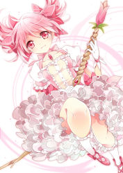Rule 34 | 10s, 1girl, ankle ribbon, bow, bow (weapon), frilled socks, frills, from above, gradient background, highres, holding, holding bow (weapon), holding weapon, kaname madoka, leg ribbon, magical girl, mahou shoujo madoka magica, mahou shoujo madoka magica (anime), pink eyes, pink hair, pink theme, ribbon, simple background, socks, solo, soul gem, weapon, white background, white socks