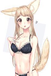 Rule 34 | 1girl, :p, animal ears, arm at side, bare arms, bare shoulders, black bra, black panties, blonde hair, blunt bangs, blush, bra, breasts, cleavage, closed mouth, collarbone, cowboy shot, fingernails, fox ears, fox tail, hand on own chest, heart, highres, lingerie, long hair, looking at viewer, medium breasts, navel, original, panties, purple eyes, solo, standing, stomach, straight hair, tail, tareme, tongue, tongue out, two-tone background, umeno (shio1205), underwear, underwear only, very long hair