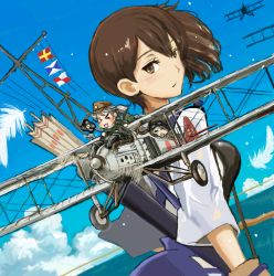 Rule 34 | 10s, 3girls, aircraft, airplane, an-chang, arrow (projectile), biplane, blush, bomber, brown eyes, brown hair, dutch angle, fairy (kancolle), flag, gloves, kaga (kancolle), kantai collection, looking back, military, military vehicle, mini person, minigirl, multiple girls, muneate, personification, pilot, quiver, short hair, short ponytail, side ponytail, suisei (kancolle), type 99 dive bomber