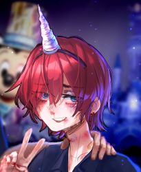 Rule 34 | 1boy, black shirt, blood, blue eyes, blurry, blurry background, bruise, castle, earrings, fake horns, gender request, hair between eyes, highres, horns, injury, jewelry, mickey mouse, original, parted lips, popopoka, red hair, shirt, short hair, solo focus, tears, unicorn, v