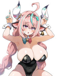 1girl animal_ears aqua_hair armpits arms_up bandaid_on_horn black_hairband black_leotard blush bow bowtie breasts collar commentary covered_navel cow_ears cow_girl cow_horns detached_collar genshin_impact green_bow green_bowtie hairband highres horns huge_breasts index_fingers_raised leotard long_hair looking_at_viewer multicolored_hair open_mouth pink_bandaid pink_eyes pink_hair playboy_bunny red_bow red_bowtie simple_background so2mizura solo strapless strapless_leotard streaked_hair teeth thighs two-tone_bow two-tone_bowtie two-tone_hair upper_teeth_only varesa_(genshin_impact) white_background white_collar white_horns