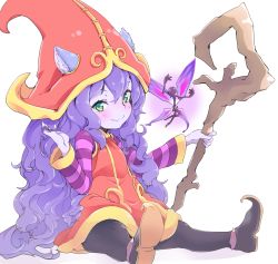 Rule 34 | 1girl, absurdly long hair, animal ears, black hair, black pantyhose, blush, closed mouth, colored skin, commentary request, curly hair, dress, fairy, full body, hand in own hair, hat, kohaku q, league of legends, long hair, long sleeves, looking at viewer, lulu (league of legends), pantyhose, pix (league of legends), purple skin, shoes, simple background, sitting, smile, staff, striped, striped sleeves, very long hair, wavy mouth, white background, witch hat, yordle