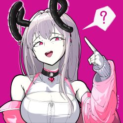 Rule 34 | 1girl, :d, ?, absurdres, aludoru, bare shoulders, black collar, breasts, character name, choker, cleavage, collar, collarbone, crop top, dated, elbow gloves, fingerless gloves, gloves, goddess of victory: nikke, hair intakes, heart collar, highres, horns, jacket, large breasts, light brown hair, long hair, mole, mole under eye, off-shoulder jacket, off shoulder, open mouth, pink horns, pink jacket, red eyes, smile, solo, spoken question mark, viper (nikke), zipper, zipper pull tab