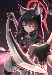 Rule 34 | 1girl, absurdres, aiming, aiming at viewer, animal ears, black flower, black gloves, black hair, black kimono, blue archive, blush, eyeshadow, fingerless gloves, flower, fox ears, fox girl, gloves, hair flower, hair ornament, halo, hands up, highres, holding, holding sword, holding weapon, japanese clothes, katana, kimono, leaning forward, long hair, makeup, multicolored hair, red eyeshadow, red hair, red halo, slit pupils, smile, solo, sword, thigh strap, two-tone hair, very long hair, wakamo (blue archive), weapon, yellow eyes, yukikamaboko