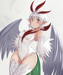 Rule 34 | 1girl, adeline leona, bandana, bare shoulders, breasts, cameltoe, cockatrice (monster girl encyclopedia), commentary request, covered navel, feathered wings, feathers, hair between eyes, harpy, highres, leotard, lizard tail, looking at viewer, monster girl, monster girl encyclopedia, open mouth, pointy ears, red bandana, scales, simple background, small breasts, solo, tail, white background, white feathers, white hair, white leotard, white wings, winged arms, wings, yellow eyes