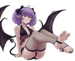 Rule 34 | 1girl, ahoge, arm support, artist name, ass, bikini, black bikini, black nails, bow, breasts, closed mouth, commentary, demon girl, demon tail, efreezerarts, english commentary, eyelashes, fangs, feet, feet up, fishnet thighhighs, fishnets, foreshortening, frilled bikini, frills, full body, hair bow, hair ornament, hairclip, highres, leaning back, legs, looking to the side, medium breasts, medium hair, nail polish, original, purple hair, red eyes, sidelocks, simple background, smile, soles, solo, spread toes, stirrup legwear, swimsuit, tail, thighhighs, thighs, toeless legwear, toenail polish, toenails, toes, white background