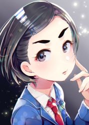 Rule 34 | 1girl, black eyes, black hair, blazer, blue jacket, collared shirt, commentary, fingernails, grey background, hair ornament, hairclip, hand on own cheek, hand on own face, hand up, idolmaster, idolmaster cinderella girls, jacket, lips, looking to the side, matsuo chizuru, minami m2, necktie, red necktie, shirt, short hair, solo, sparkle, swept bangs, thick eyebrows, upper body, white shirt