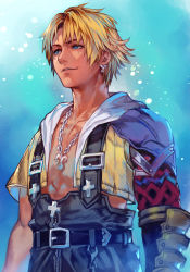 Rule 34 | 1boy, aqua background, armor, bare pectorals, belt, blonde hair, blue eyes, chain, chain necklace, earrings, final fantasy, final fantasy x, from side, hungry clicker, jewelry, lips, messy hair, necklace, pectorals, shirt, shoulder armor, solo, square enix, tidus