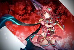 Rule 34 | 1girl, artist request, breasts, fingerless gloves, gloves, highres, holding, holding sword, holding weapon, large breasts, pyra (xenoblade), red eyes, red hair, solo, sword, weapon, xenoblade chronicles (series), xenoblade chronicles 2