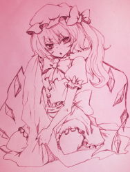 Rule 34 | 1girl, annoyed, asymmetrical hair, bad id, bad pixiv id, bed sheet, bow, bowtie, coco maru, female focus, flandre scarlet, frown, hat, monochrome, pink theme, seiza, side ponytail, sitting, solo, touhou, traditional media, wings