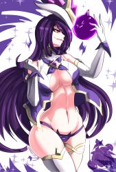 Rule 34 | 1girl, absurdres, alternate costume, alternate hair color, alternate hairstyle, breasts, elbow gloves, energy ball, familiar, forehead protector, gloves, highres, league of legends, long hair, magical girl, purple eyes, purple hair, solo, star (symbol), star guardian (league of legends), star guardian syndra, syndra, underwear