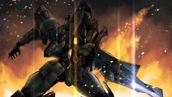 Rule 34 | blue eyes, extra eyes, f-22a raptor (muv-luv), fire, glowing, glowing eyes, gun, highres, holding, holding gun, holding weapon, kawasemi alter, looking at viewer, mecha, muv-luv, muv-luv alternative, no humans, open hand, robot, science fiction, solo, tactical surface fighter, weapon