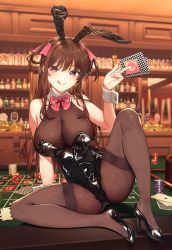 Rule 34 | 1girl, 22/7, :q, animal ears, ass, bare shoulders, black footwear, black leotard, bodystocking, bow, bowtie, braid, braided hair rings, breasts, brown hair, brown thighhighs, card, cleavage, closed mouth, condom, condom wrapper, detached collar, fake animal ears, hair ribbon, hair rings, hairband, high heels, holding, large breasts, leotard, nagareboshi, naughty face, pink eyes, playboy bunny, playing card, poker chip, poker table, rabbit ears, ribbon, sitting, smile, solo, strapless, strapless leotard, table, tachikawa ayaka, thighhighs, tongue, tongue out, two side up, wrist cuffs
